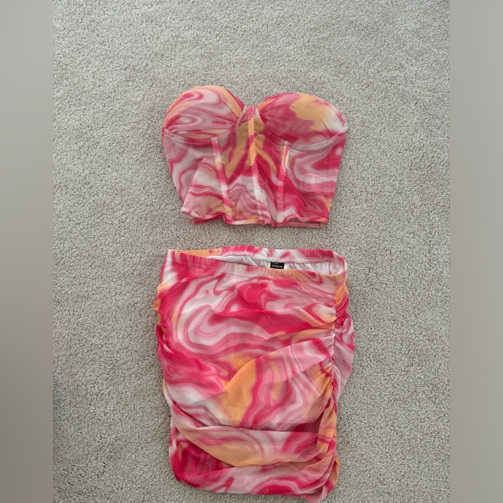 Pink and Orange Strapless Swirl Top and Skirt Set